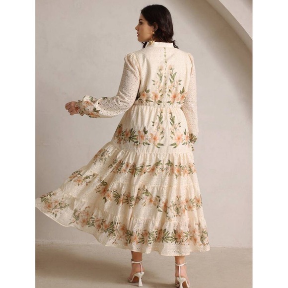 ANewsta Curve 4XL Ivory Floral Embroidered Eyelet Maxi Dress Long Sleeve Cottage - Picture 2 of 13